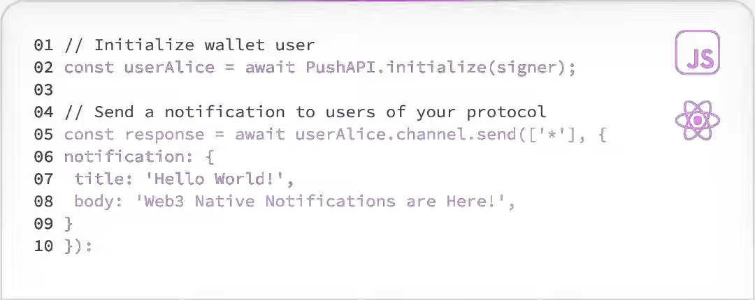 Illustration showing lines of code required for Push Protocol integration