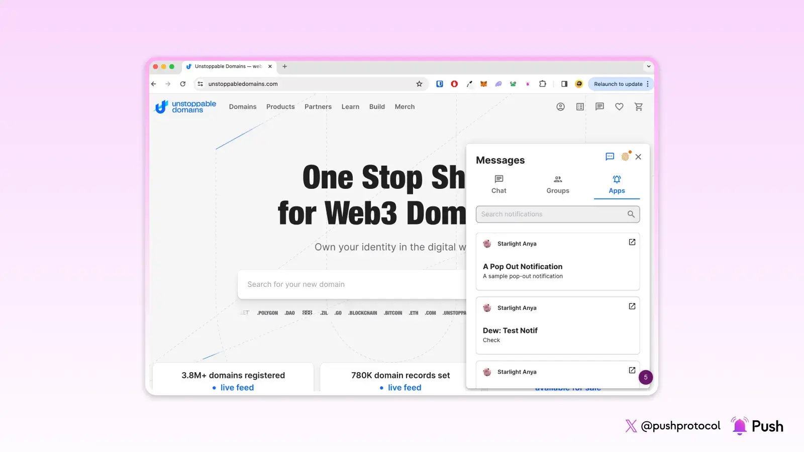 Unstoppable Domains Chat and Notifications support integrated in platform frontend